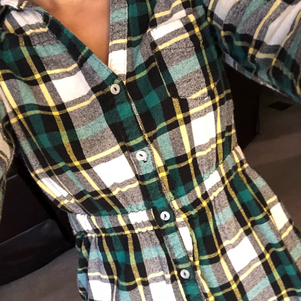 Cute green, white, and yellow plaid shirt!